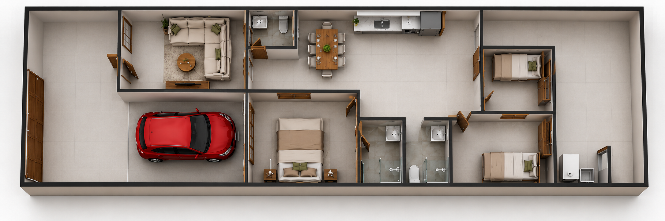 Planta humanizada 3D do Projeto Casa Moderna 93m²