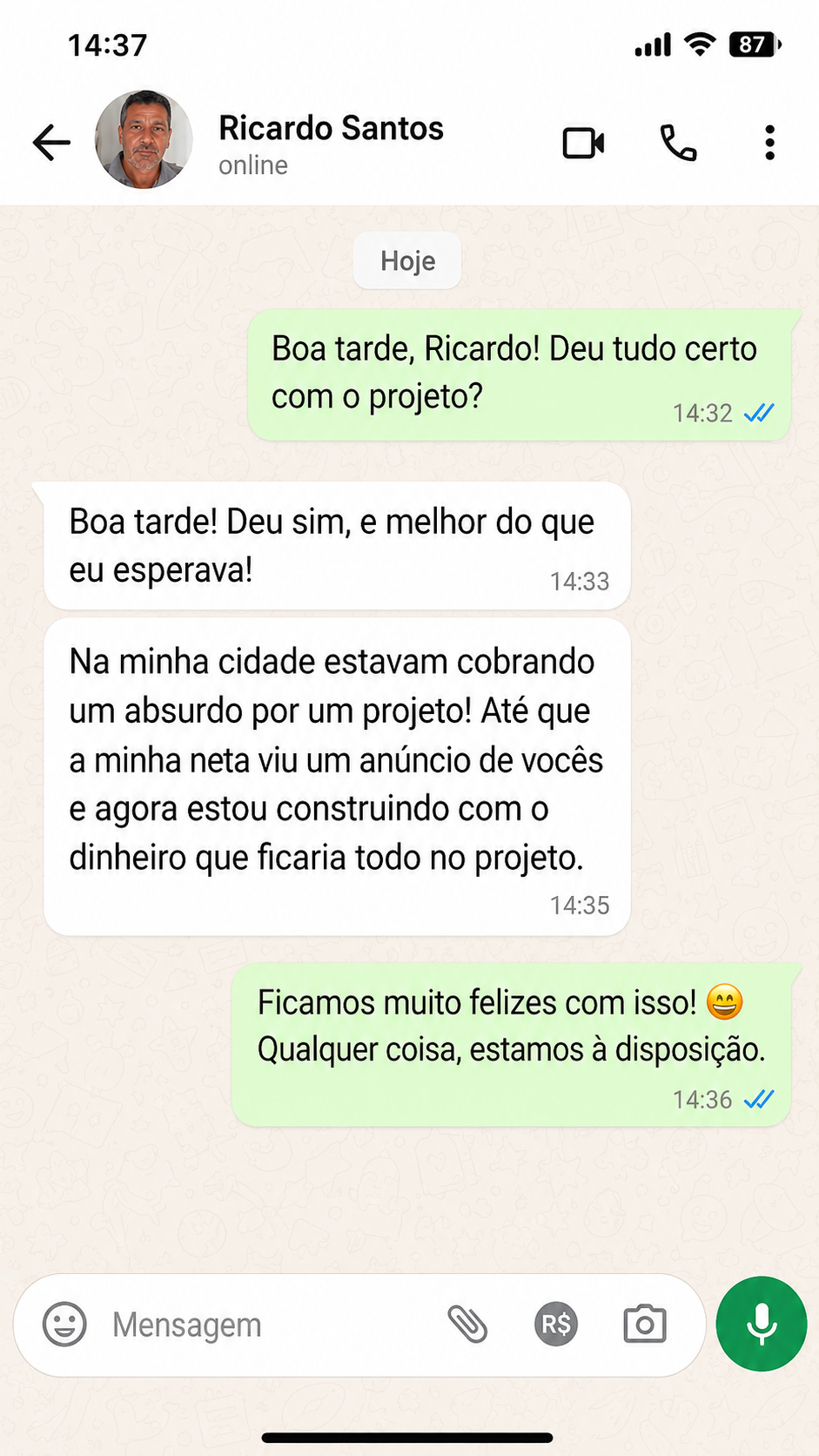 Print de conversa no WhatsApp sobre o projeto recebido