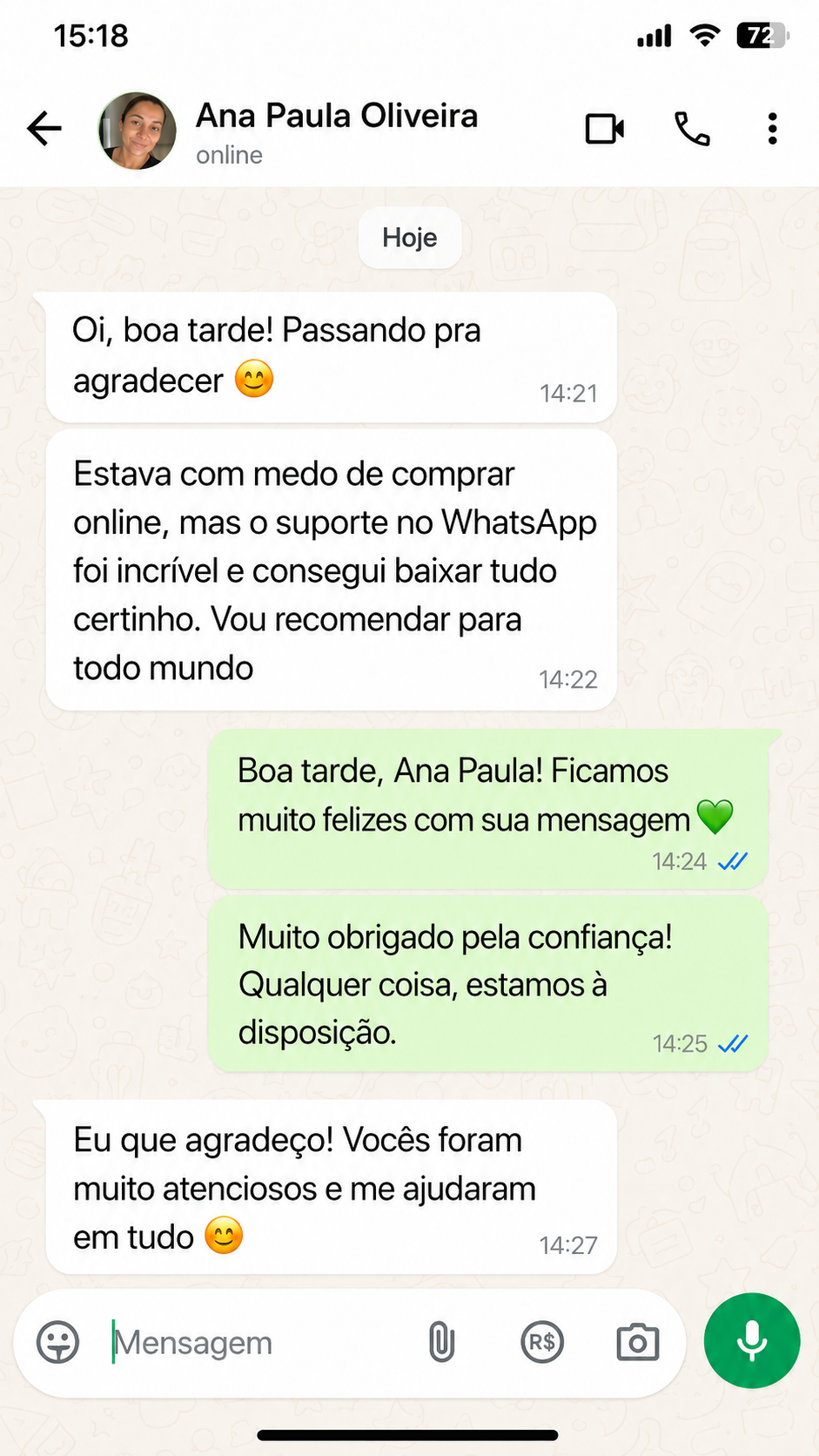 Print de conversa no WhatsApp com avaliação do atendimento